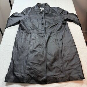 Via Accenti Leather Trench Coat Womens 20W Black Good Mid-Length Button Front